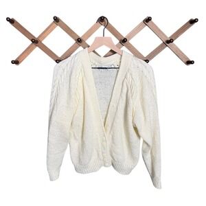 Vintage Contrast Cable Knit Button Cardigan Small Women grandpacore 90's fashion